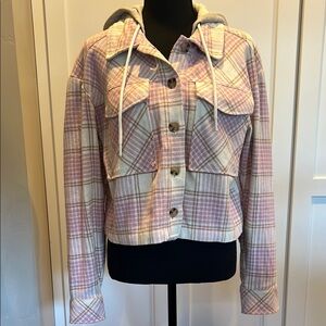 Aeropostale Hooded Pink and Cream Plaid Utility Jacket S